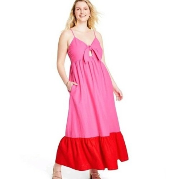 Tabitha Brown Dresses & Skirts - TABITHA BROWN X TARGET Tie Front Linen Maxi Dress XS Pink Red Colorblock Strappy